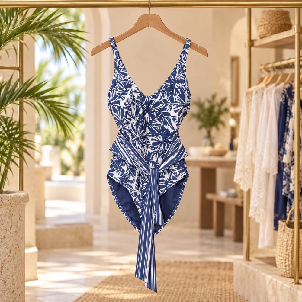 Ellen Tracy Navy Blue & White Floral Stripe One-Piece Swimsuit Sz 12 NWT Resort